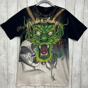 Vintage Christian Audigier Short Sleeve Dragon Roses Woman Art Unisex T-Shirt XL